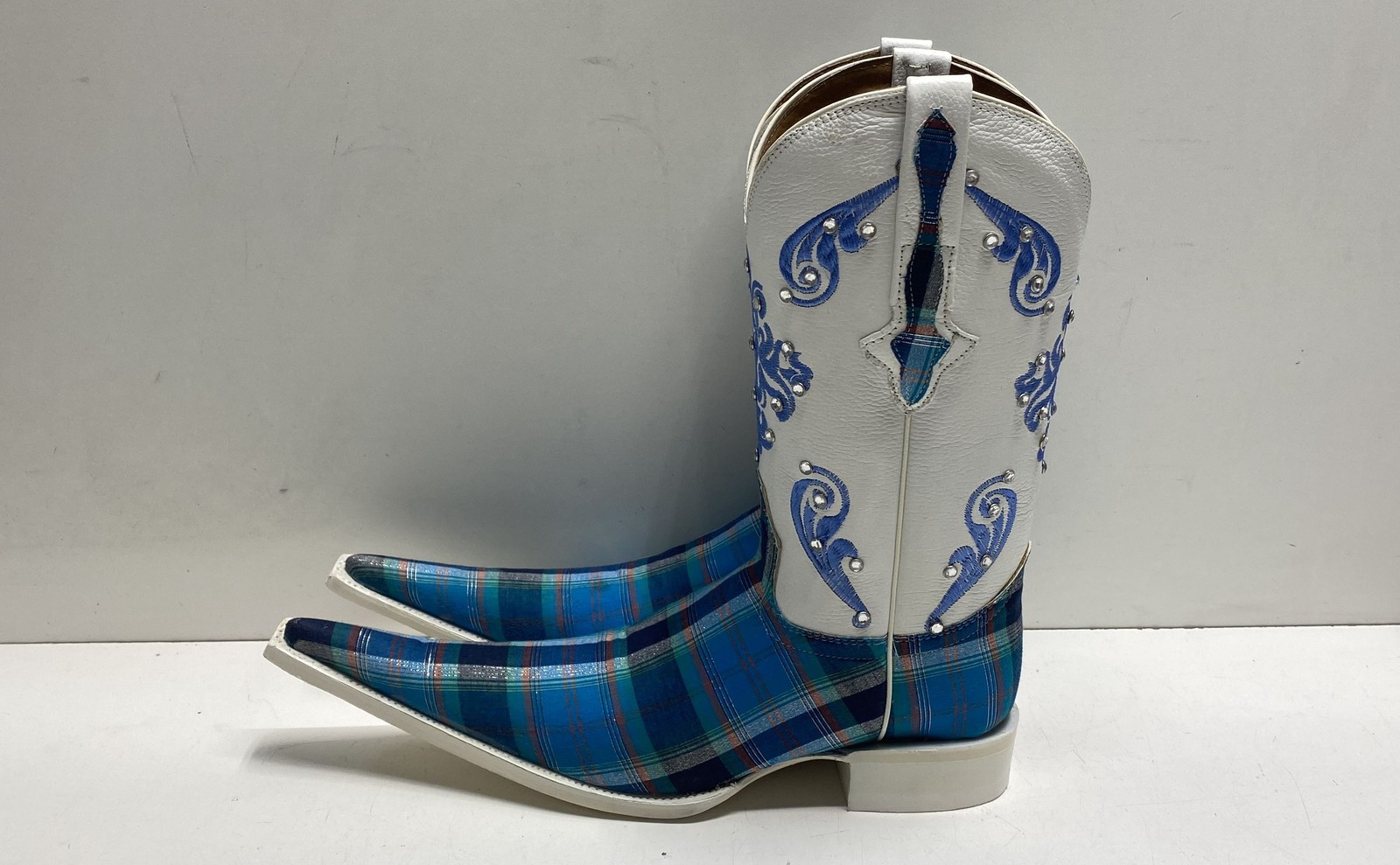 El General Pointed Toe Blue Plaid White Western Cowboy Boots Size 6.5