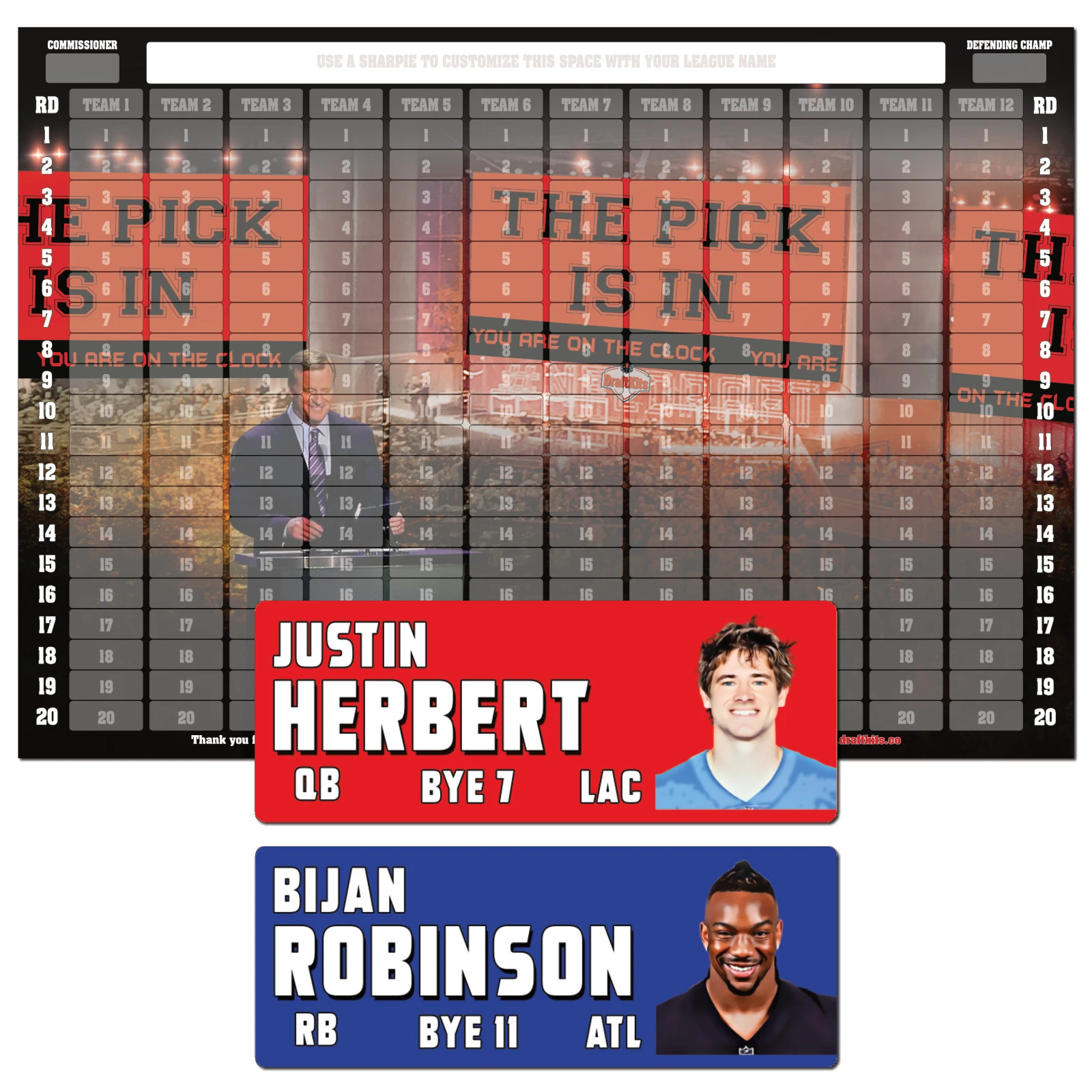 Fantasy Football Draft Board Kit – NEW for 2026 – MEDIUM Player Stickers & Board