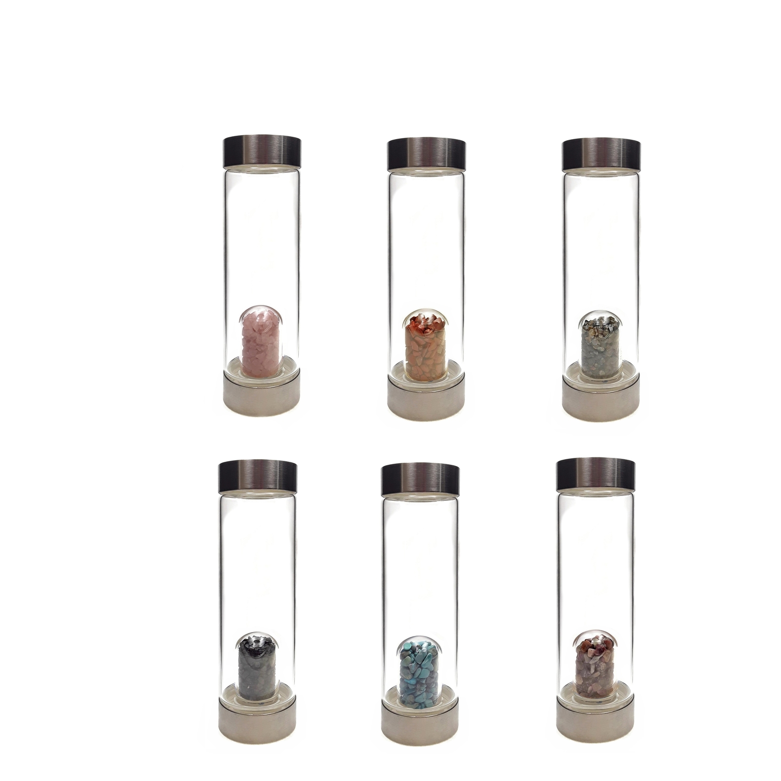 04 – Crystal Infused Healing Glass Water Bottle with Gemstone Chips 9″ Tall