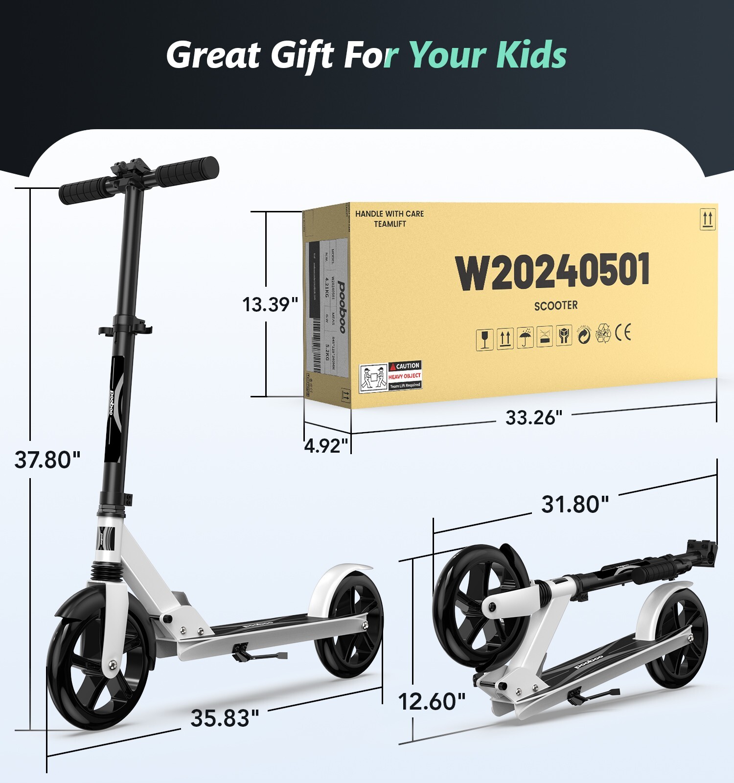 Foldable Kick Scooter Adjustable for Teens Adult Big Wheels No Assembly Unisex