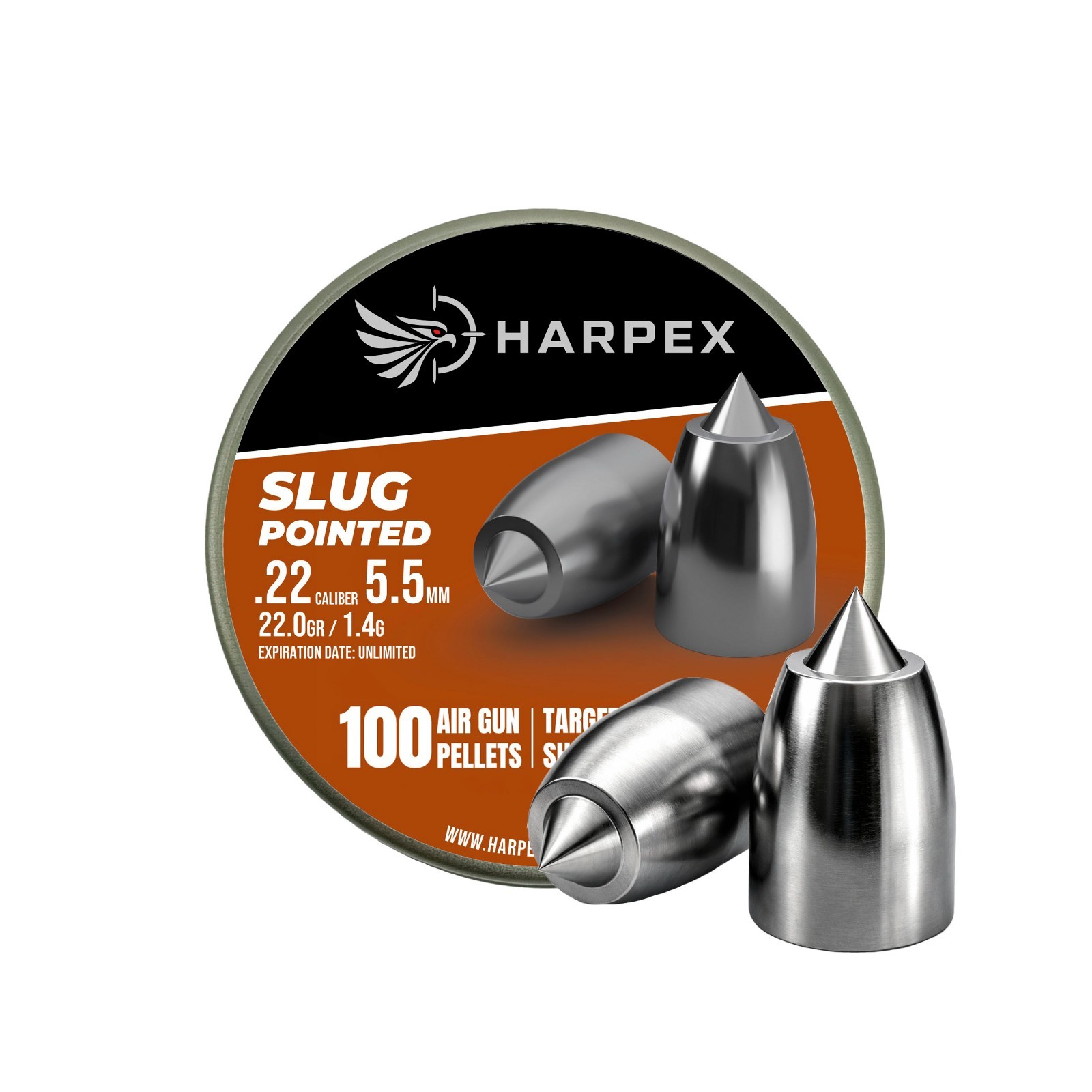 HARPEX Pro 100 Count CYLINDRICAL POINTED SLUG 5.5mm .22 Caliber Airgun Pellets