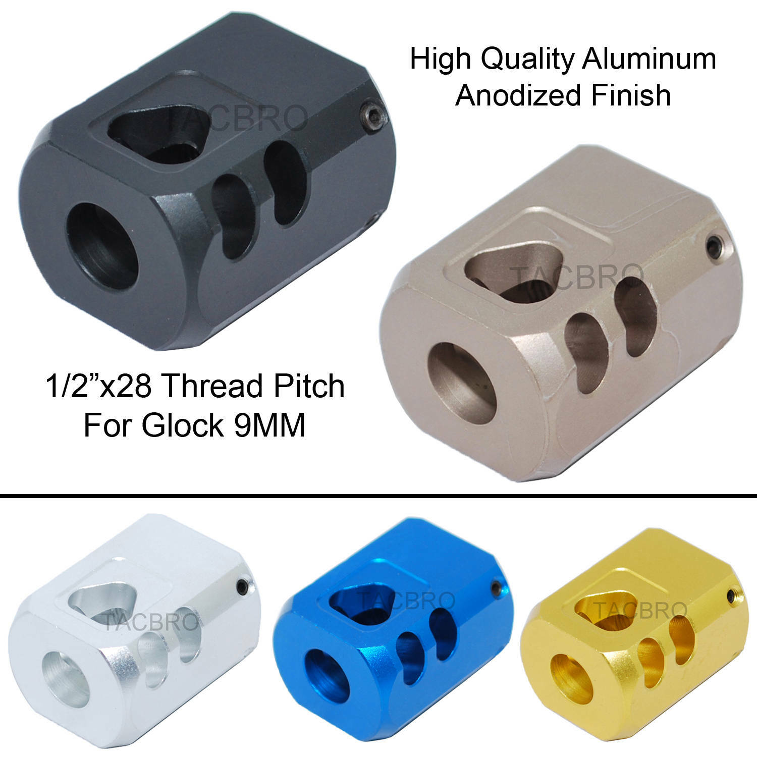 Anodized Aluminum 9MM 1/2×28 TPI Muzzle Brake For G17 G19 G26