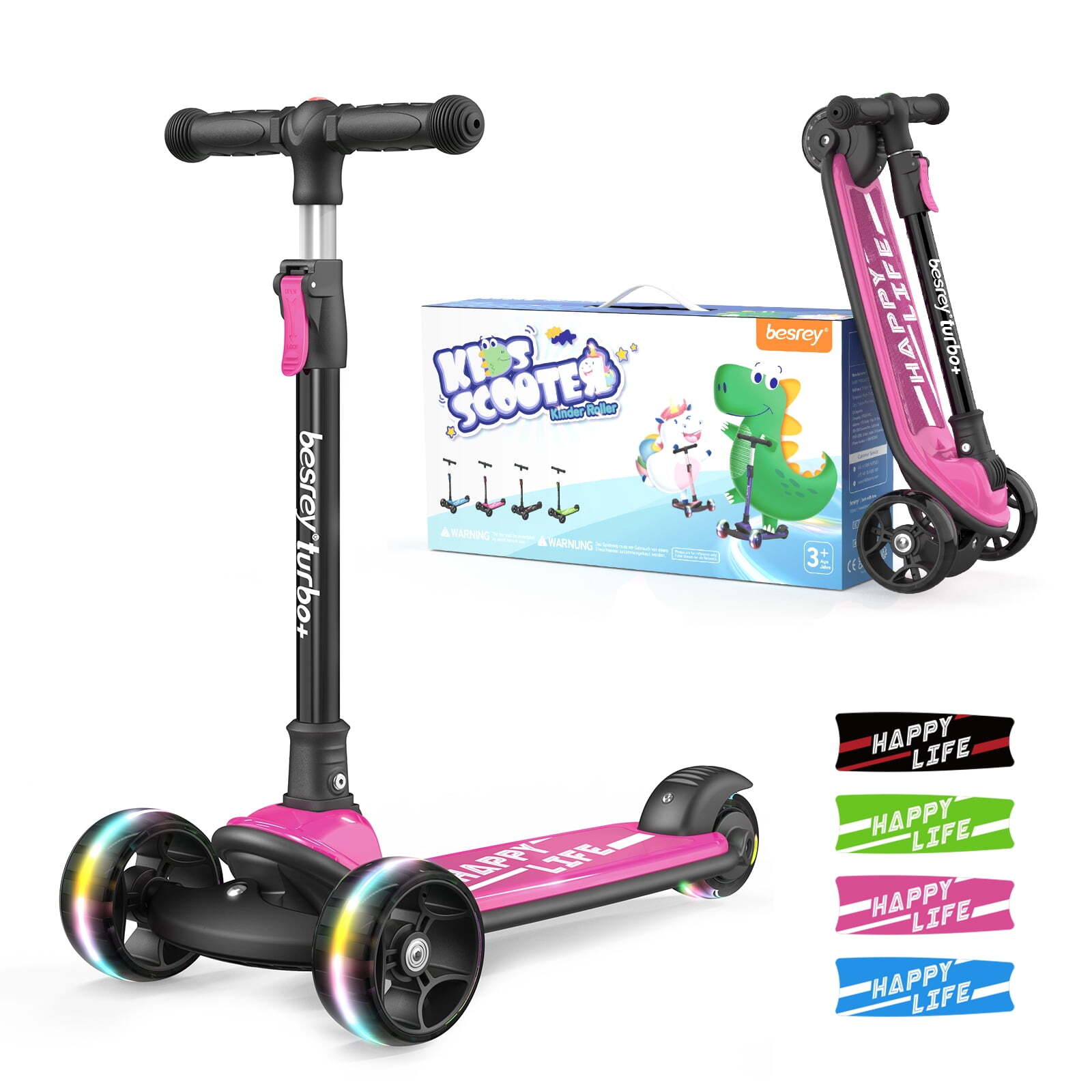 Besrey Kick Scooter 3 Wheel Scooter for 2-10 Years Girls and Boys,Pink