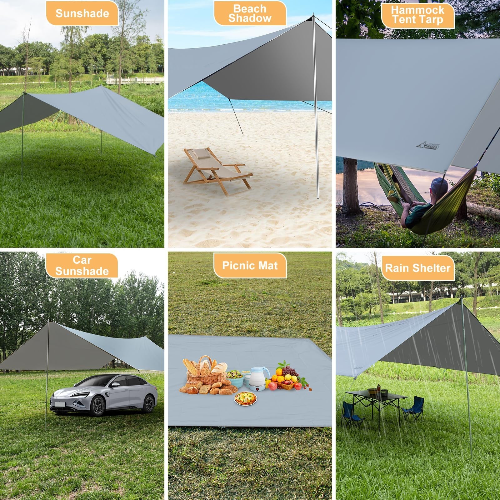 16x12Ft Camping Tarp with Poles, Lightweight and UV Resistant, Extra Large, Gray