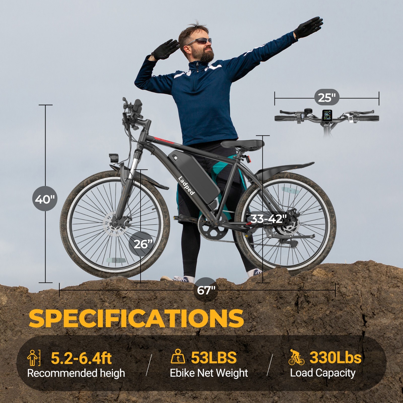 Ladped 26inch Electric Mountain Bike 22MPH Commuting Adults Electric Bicycle
