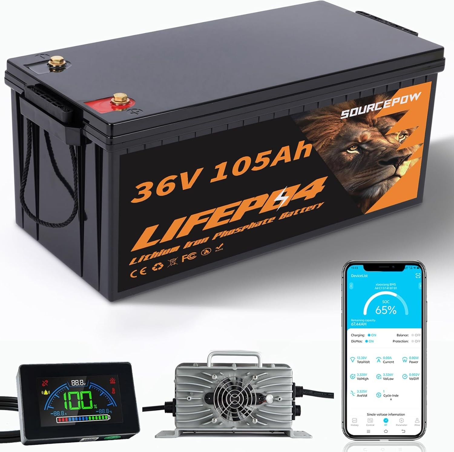 36V 105Ah Lithium Golf Cart Battery, Bluetooth 200A BMS, 25A Charger&LCD Monitor