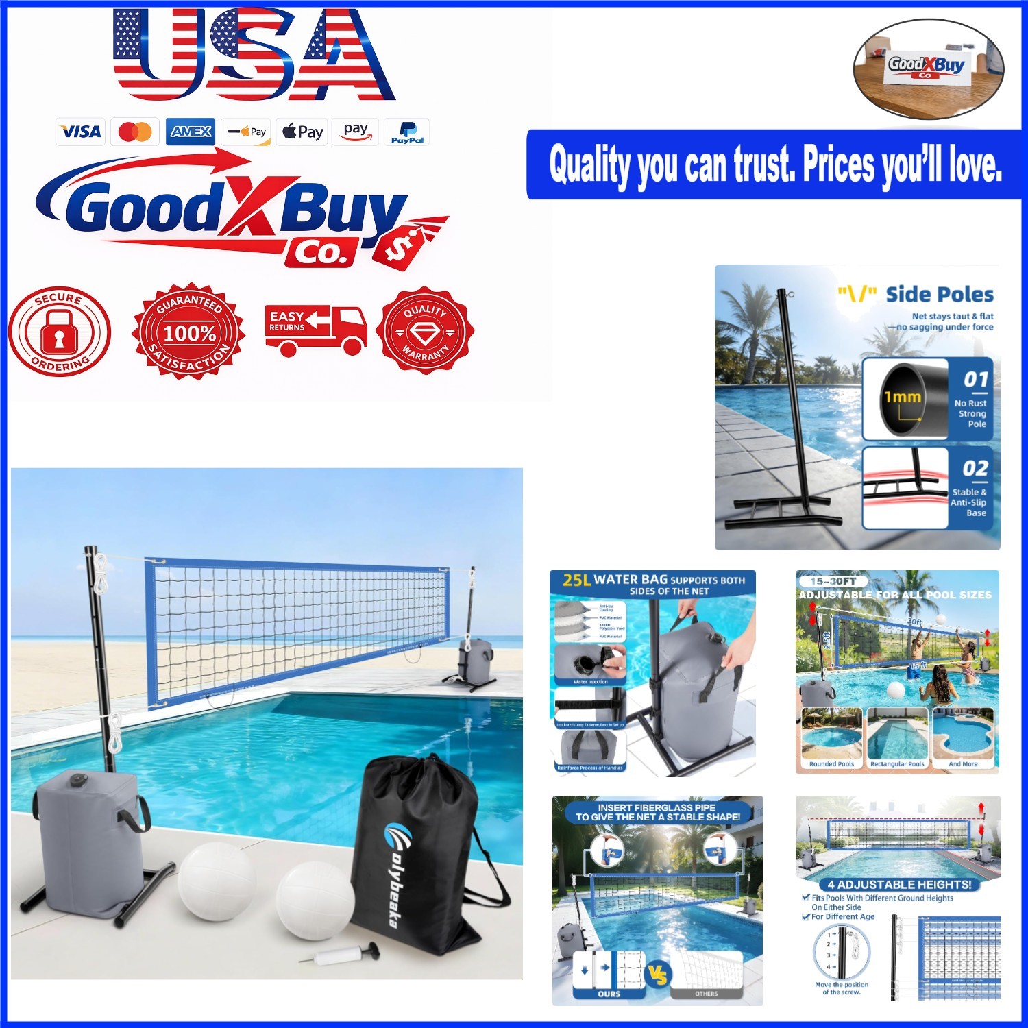 Adjustable Pool Volleyball Net Set for Inground & Above Ground Pools 30ft Max…