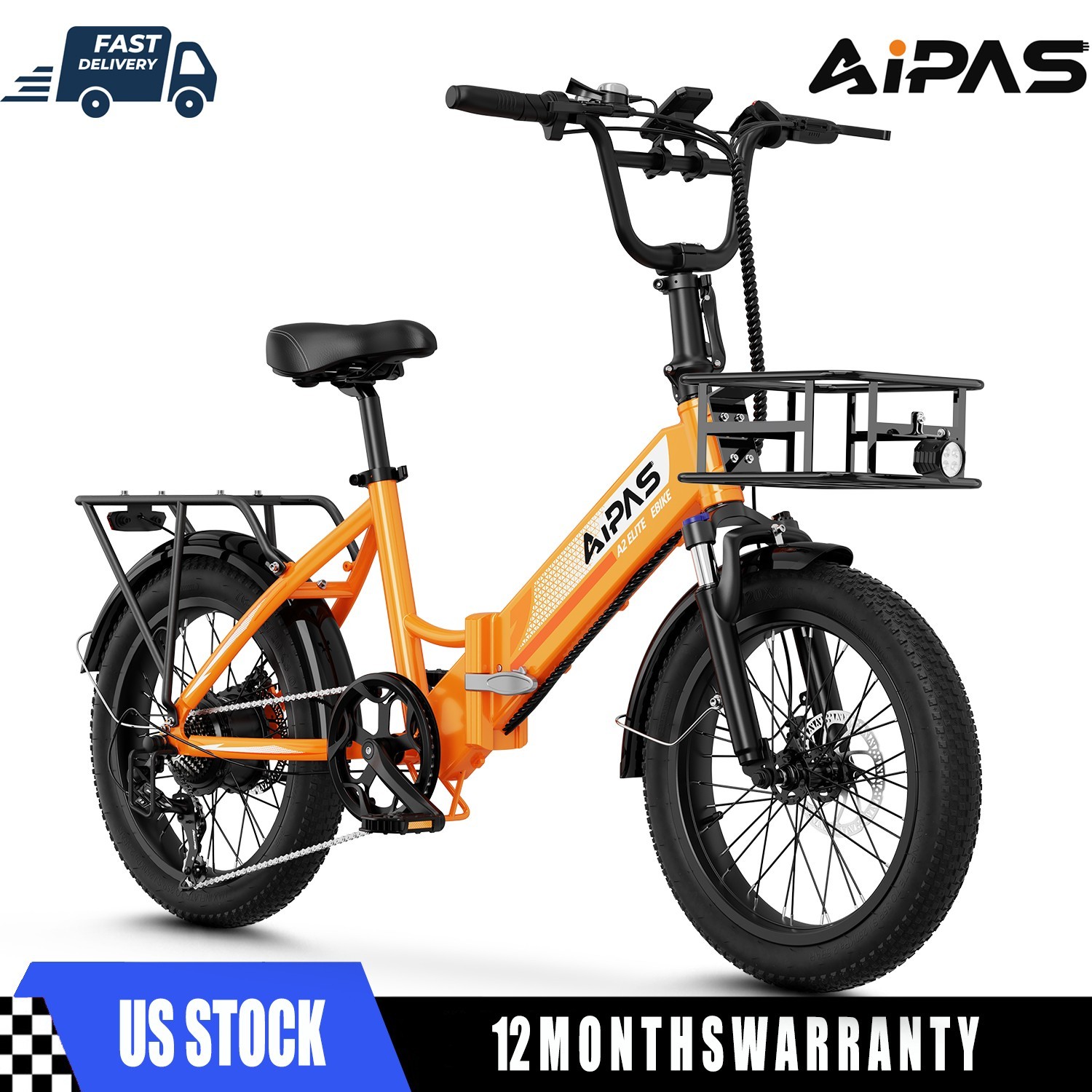 Aipas A2 20″ Fat Tire Folding Electric Bike 750W Peak 12.8Ah 62 Miles Commuter