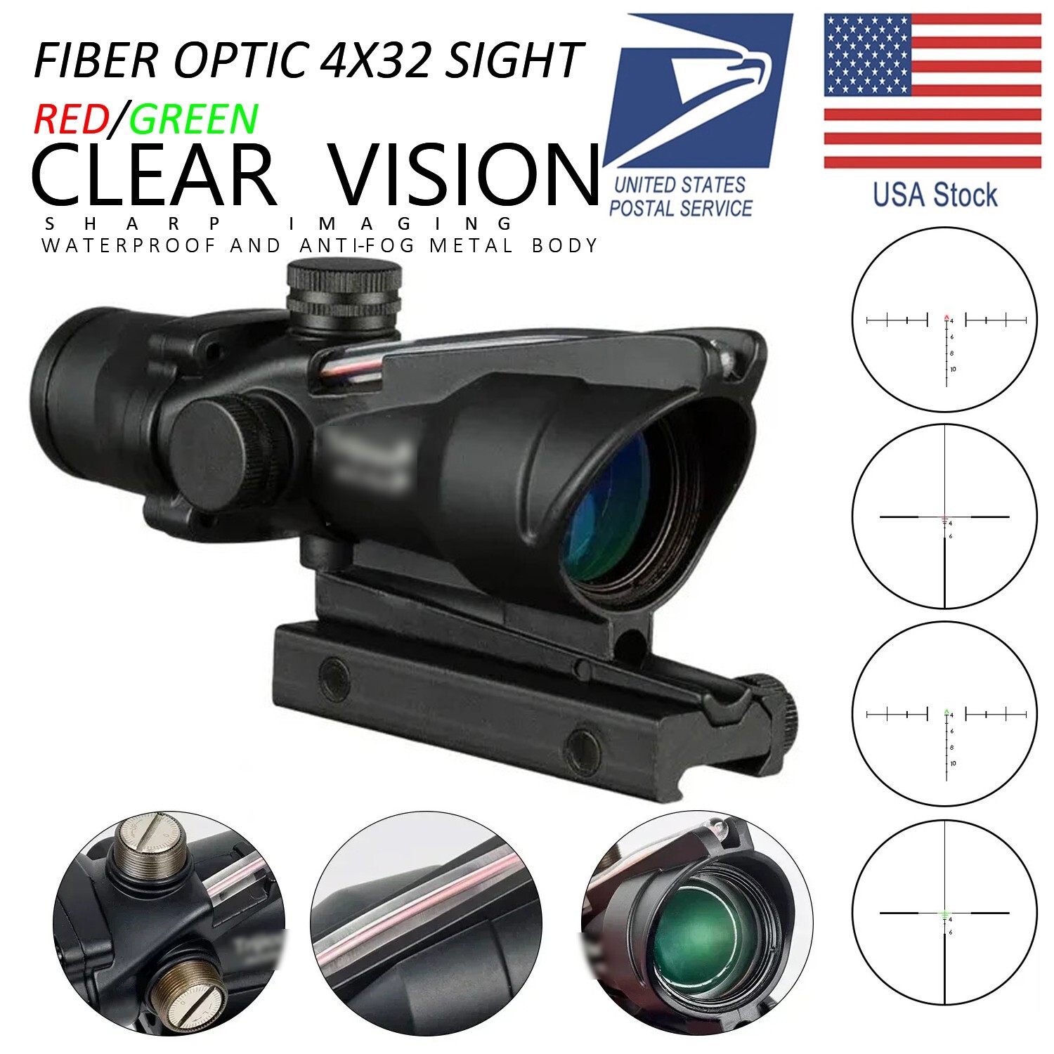 ACOG 4×32 Fiber Optics Red Green Chevron Cross Illuminated Tactical Sight Scope