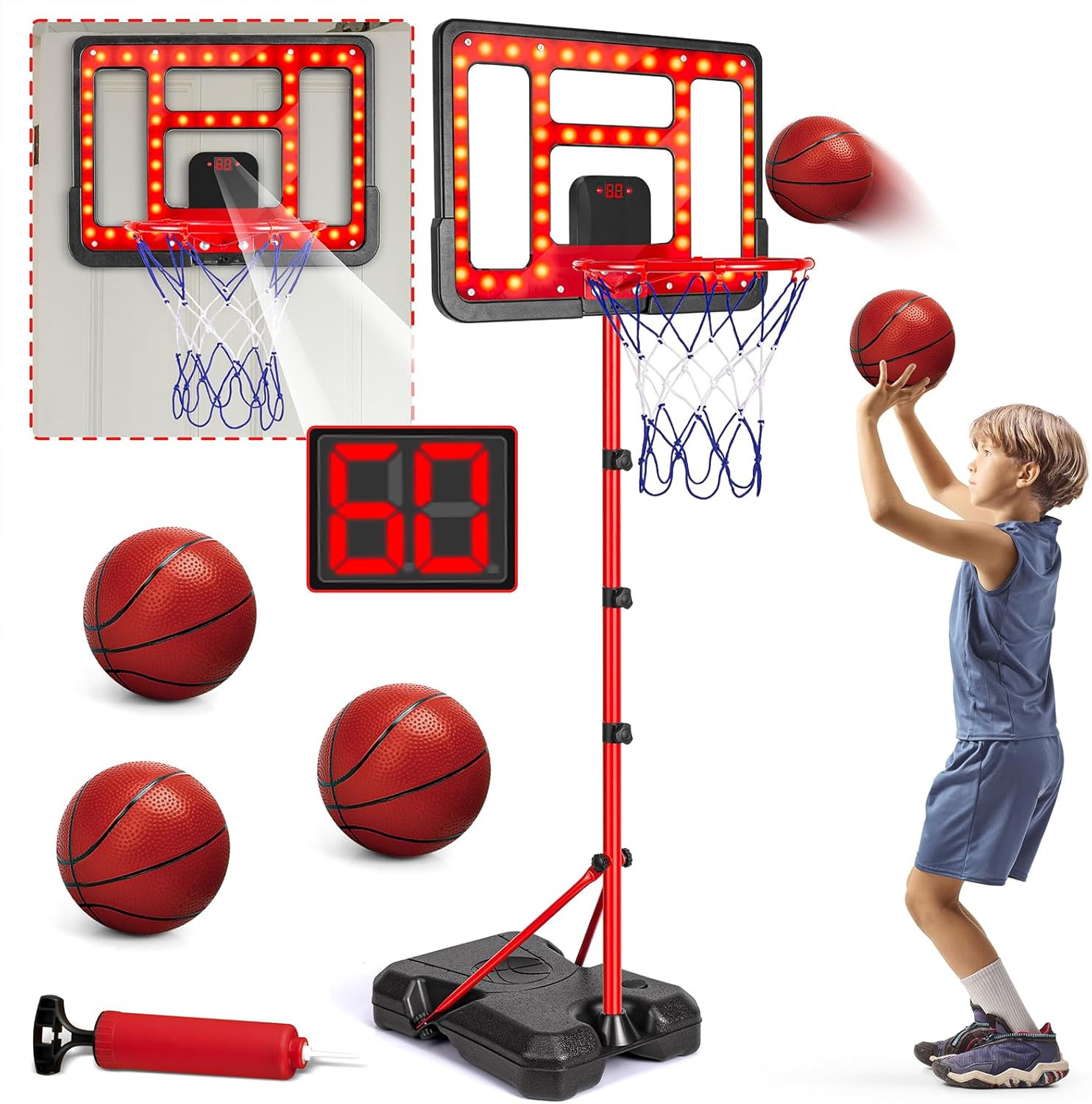 Kids Basketball Hoop with Scoreboard & LED, Sports Toy Gift for 3-8 Year | Baske