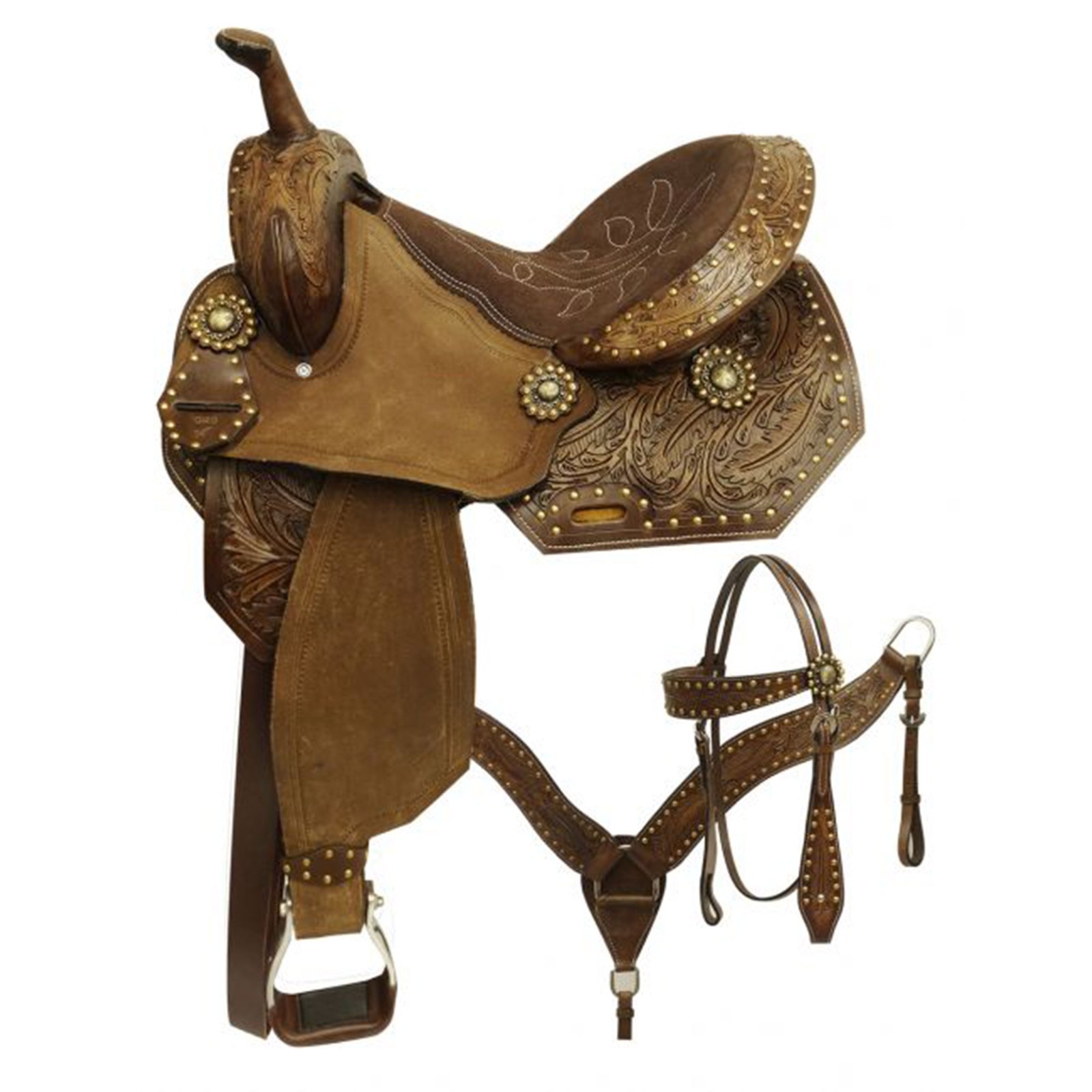 Barrel Style Saddle SET with Feather Tooling Aluminum Stirrups 14″ 15″ NEW