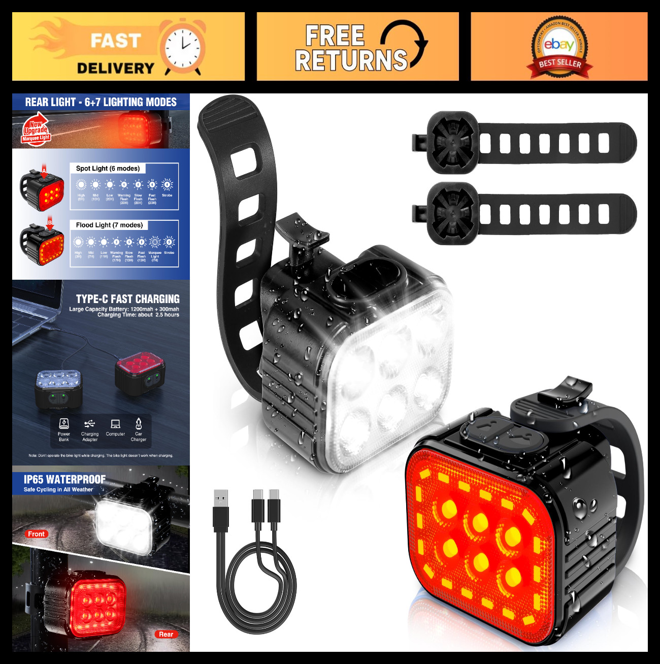 Ultra Bright Rechargeable Bike Lights Set, 8+13 Modes, IP65 Waterproof, 1200mAh