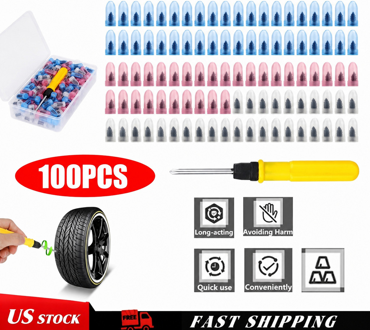 100PCS Tire Repair Screws Kit With Screwdriver 3 Sizes Rubber Plugs Flat Tires