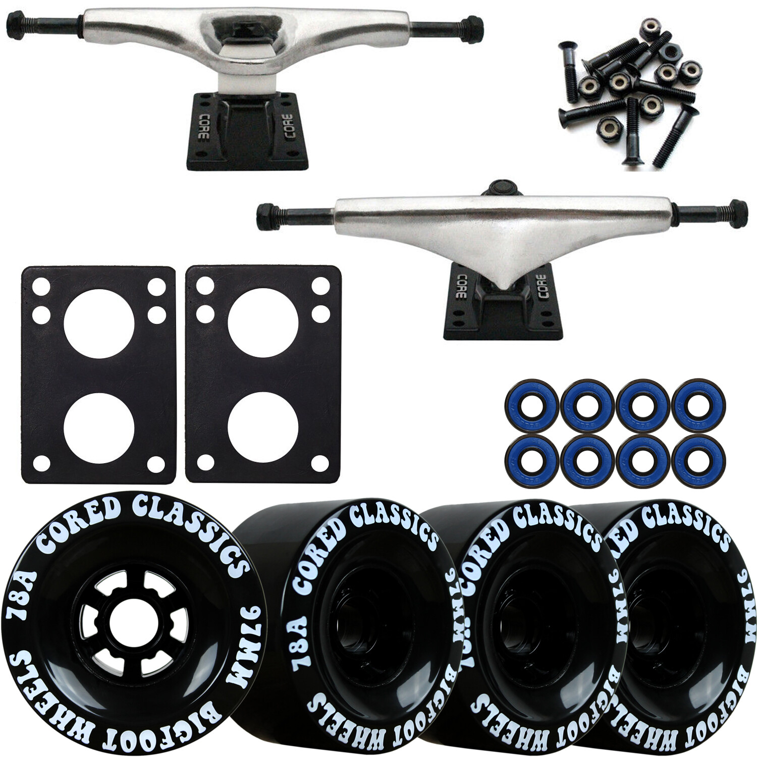 Core 6.0 Raw Longboard Trucks Wheels Package Bigfoot 97mm Cored Classics Black