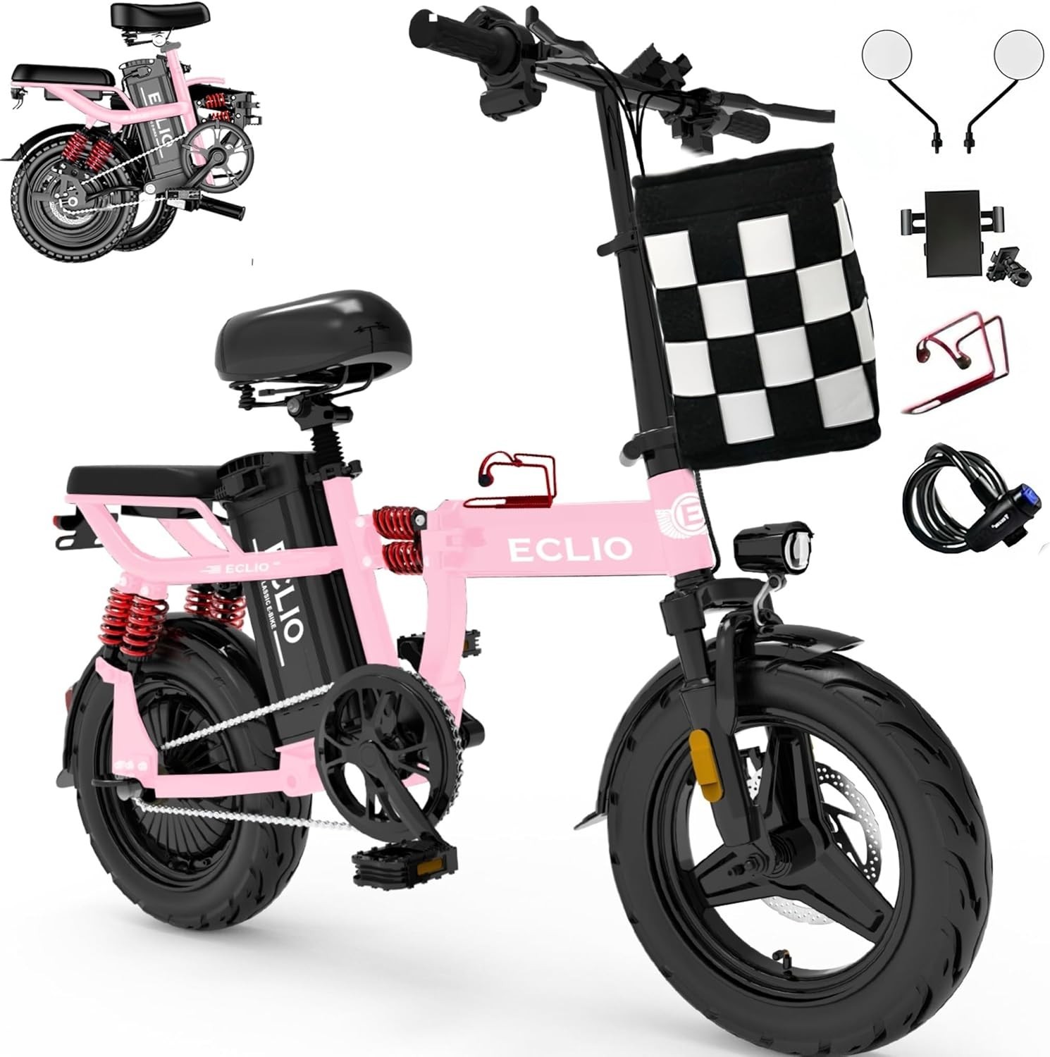 ECLIO 14″ E-City Bike Folding Electric Bike PEAK 800W 25MPH 48V 14Ah Ebikes 30mi