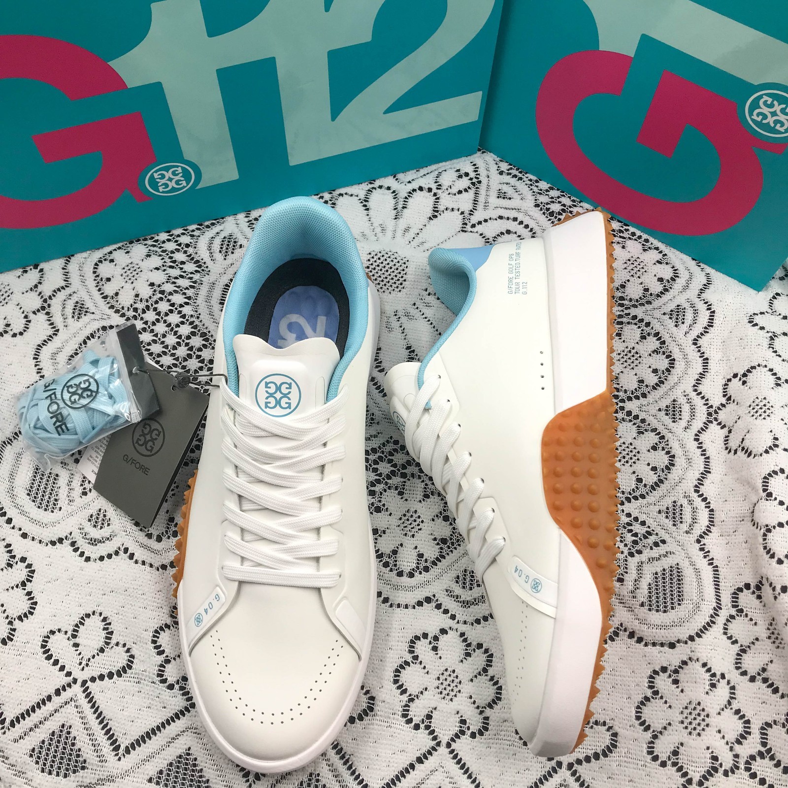 New G/FORE G4 G.112 Men’s White/Blue Golf Shoes PU Leather White Sneakers