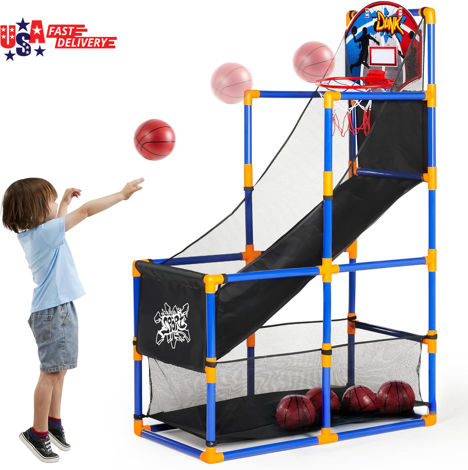 Arcade Basketball Game Set with 4 Balls and Hoop for Kids 3+ Years Old Indoor Ou