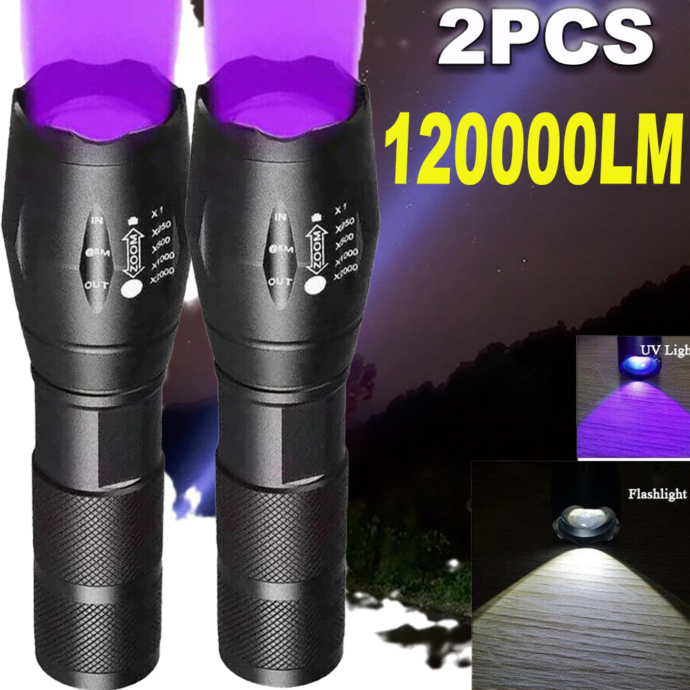 2PCS Zoom 395nm UV Light Blacklight Tactical LED Flashlight Lamp