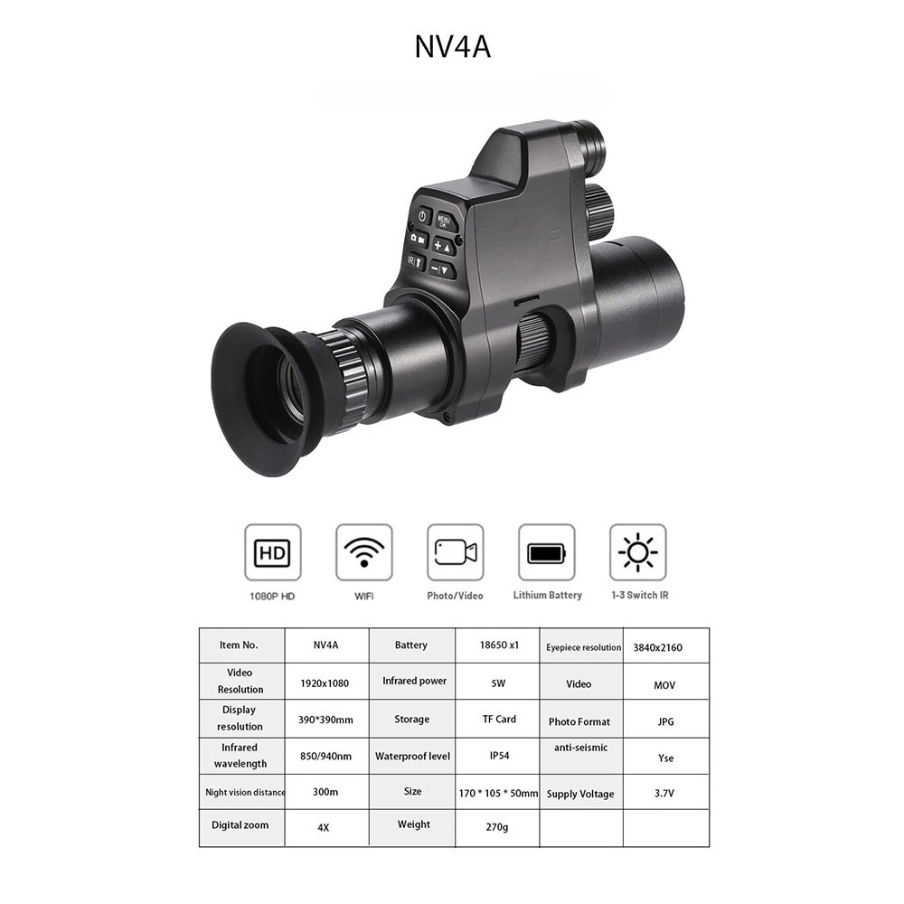 4XZoom Hunting Scope 1920×1080 HD Video Night Vision Monocular 850nm 16mm, 200-300m