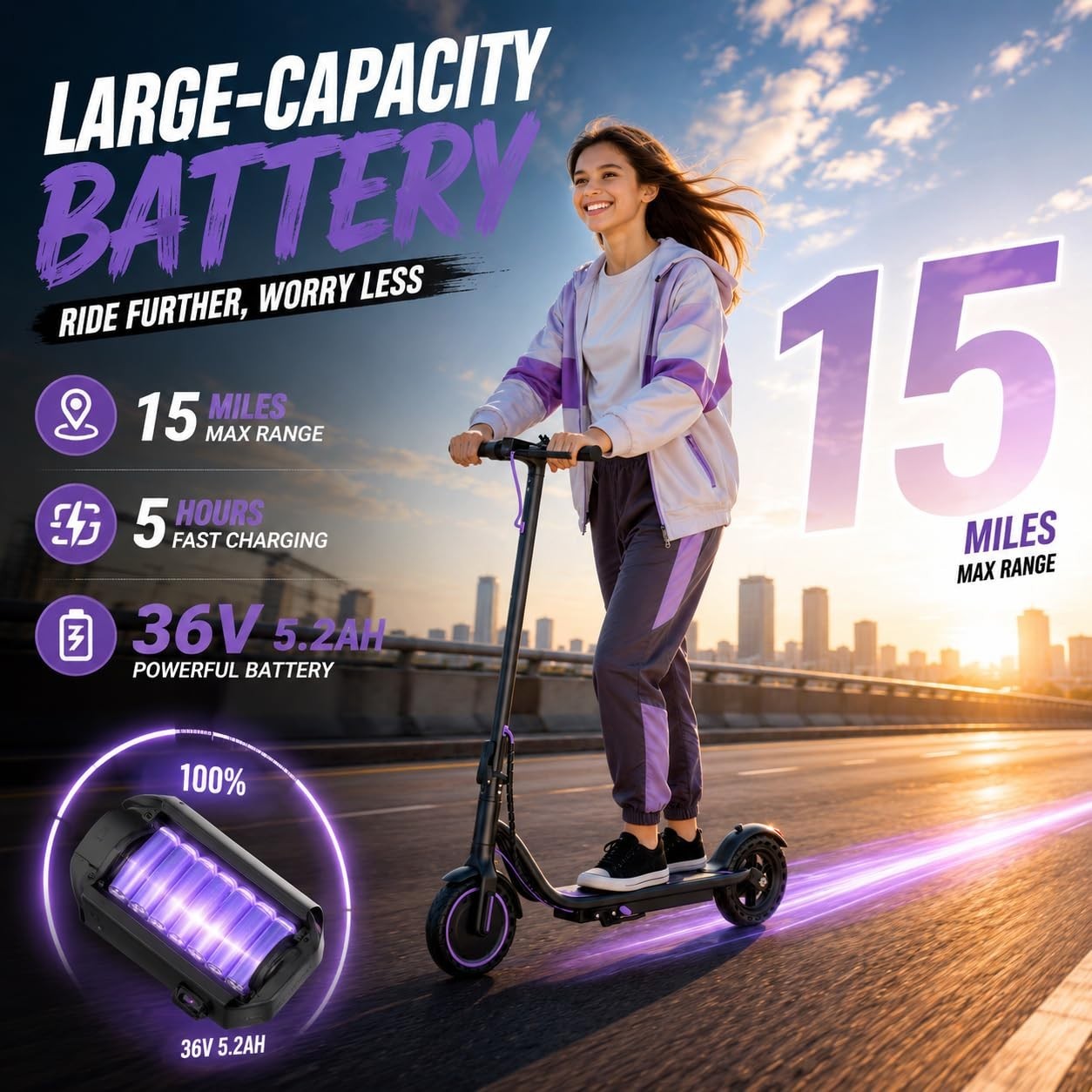 Foldable Electric Scooter 19mph APP Control 8.5″ Solid Tires Purple Escooter
