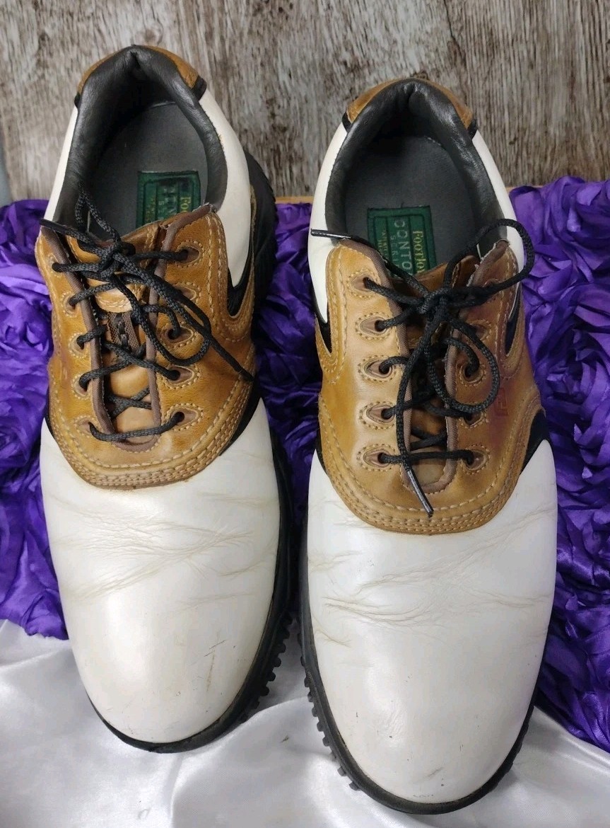 Footjoy Contour Series White Brown Black Leather Golf Shoes Sz 9.5 M 54002
