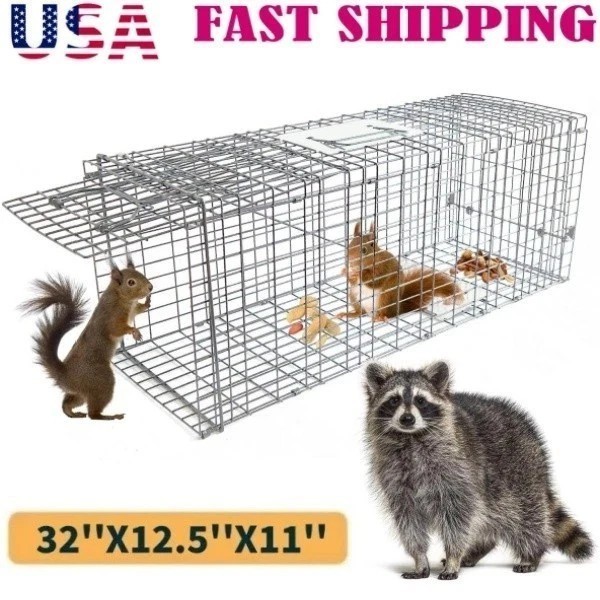 32″ Live Animal Cage Trap Heavy Duty Folding Raccoon Traps Humane Cat Tra NEW