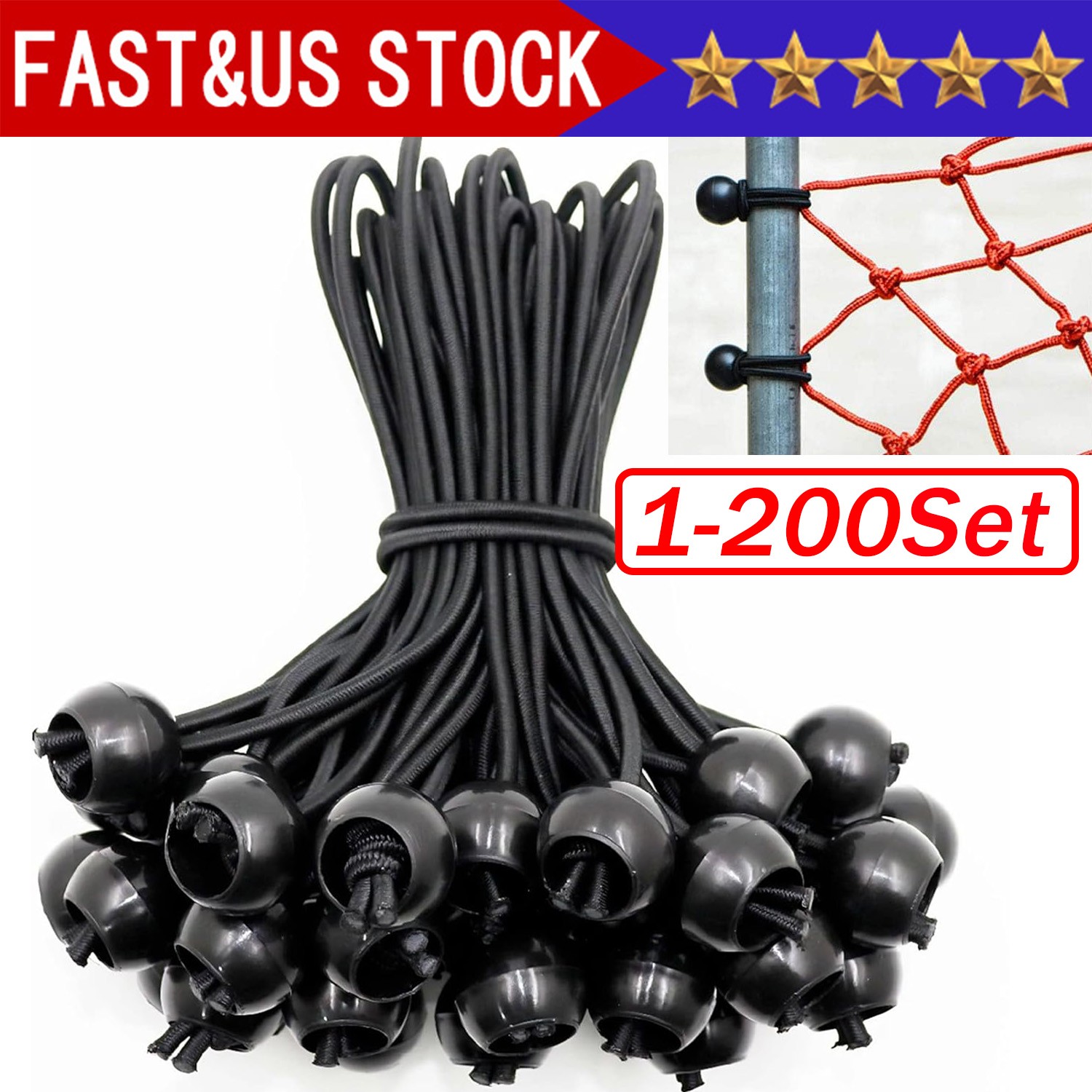 4″ Inch Black Ball Bungee Bungie Cord Canopy Tarp Tie Downs Straps New Lot x2000