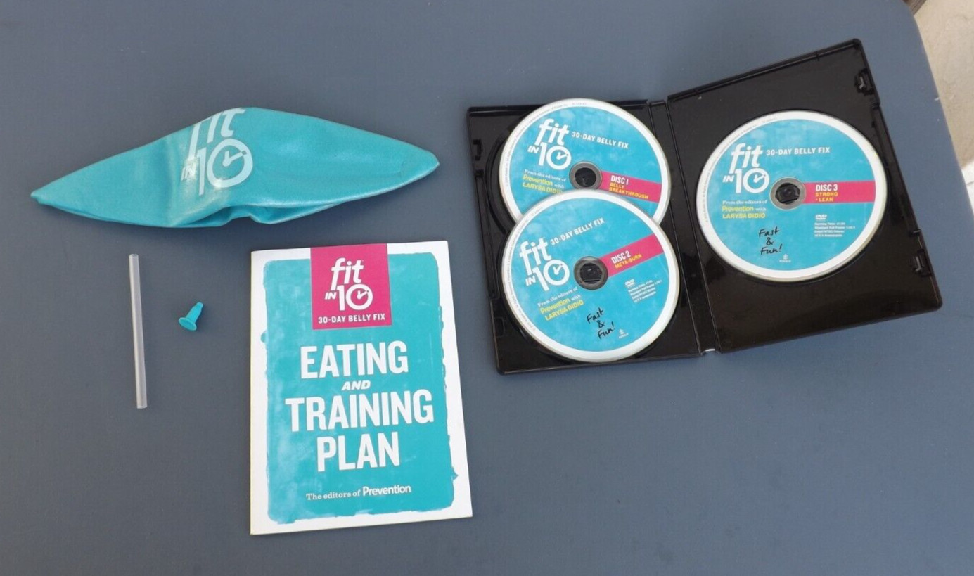 FIT IN 10 – 30 DAY BELLY FIX 3 DVDS – EATING AND TRAINING PLAN – INFLATABLE BALL