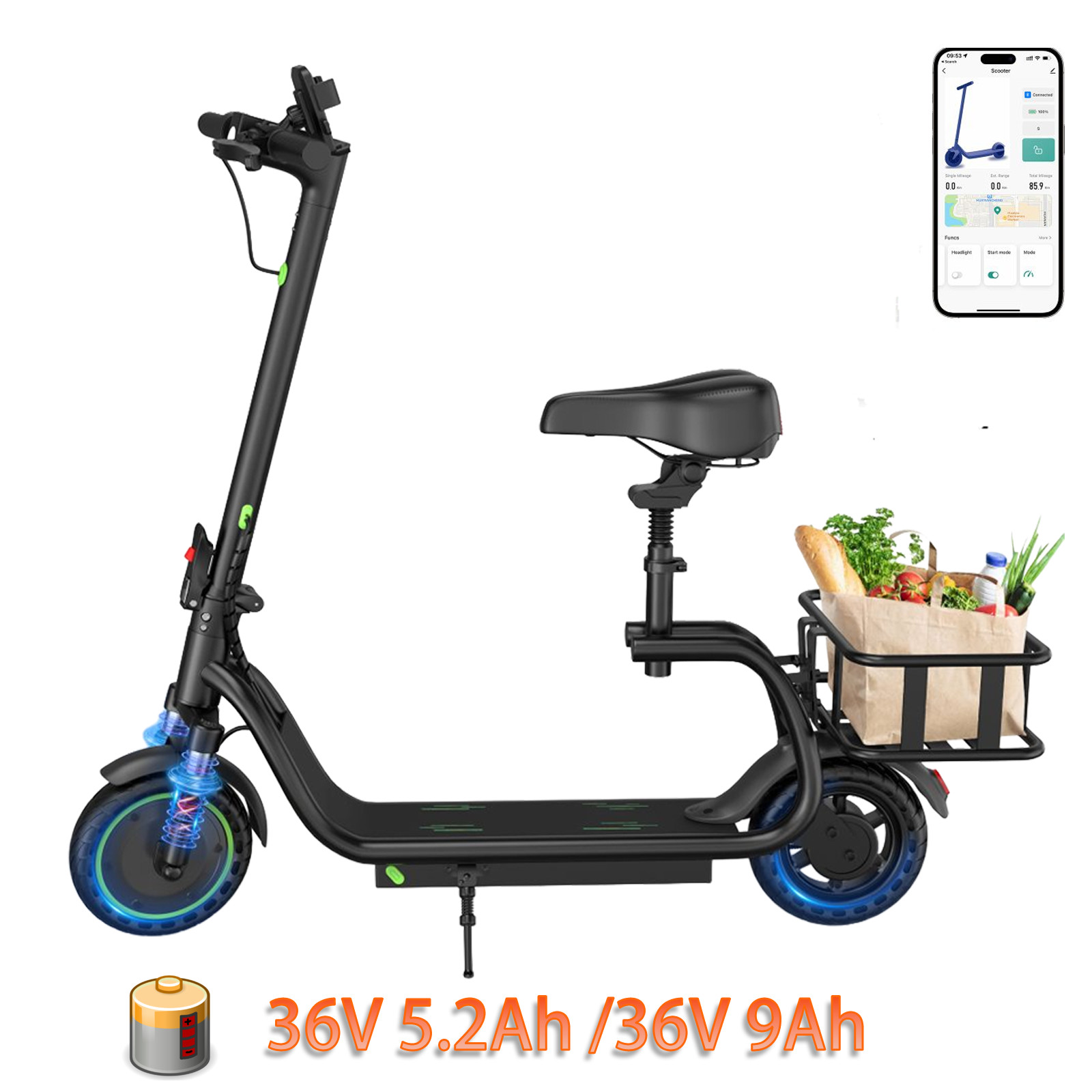 350W Electric Scooter with Seat, 17/25 Miles Range ESCOOTER w/ Storage Basket