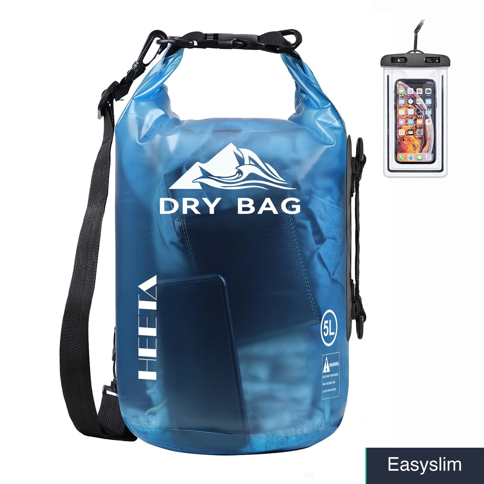 Waterproof Dry Bag 5L Transparent Blue Roll Top Lightweight Travel Camping
